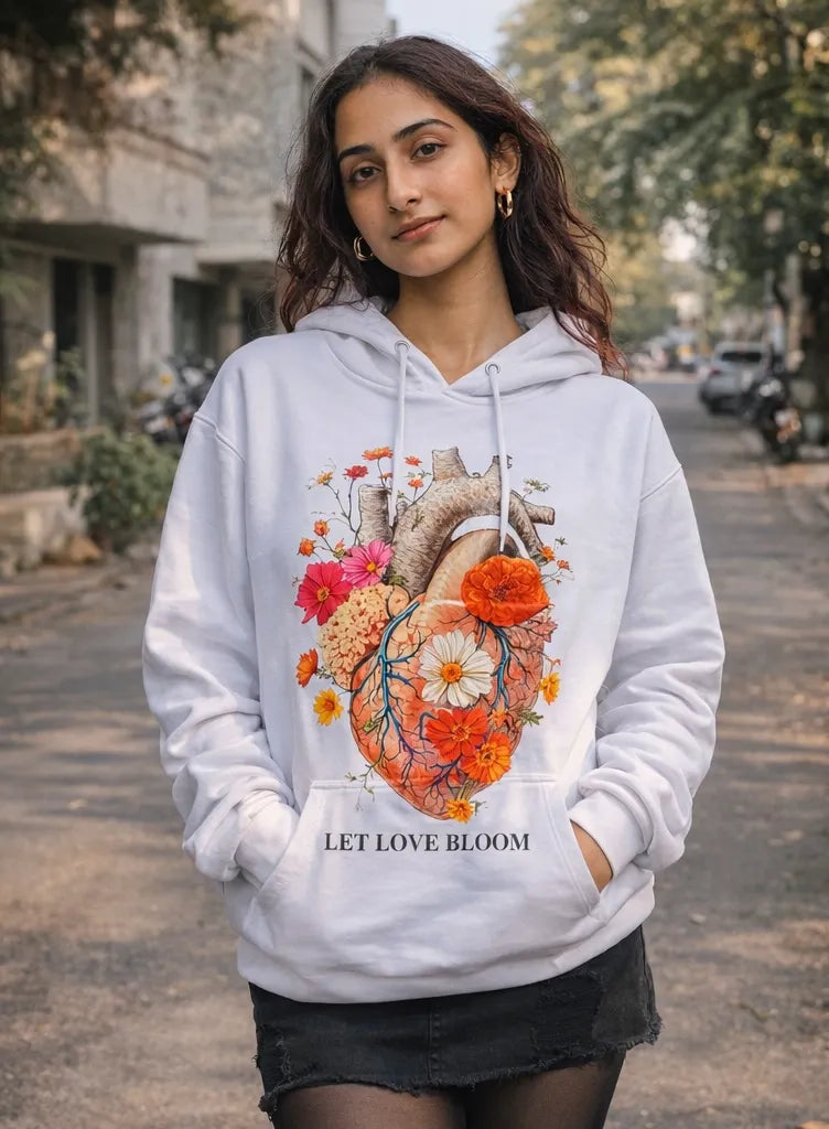 “Let Love Bloom” Floral Heart Hoodie (White)